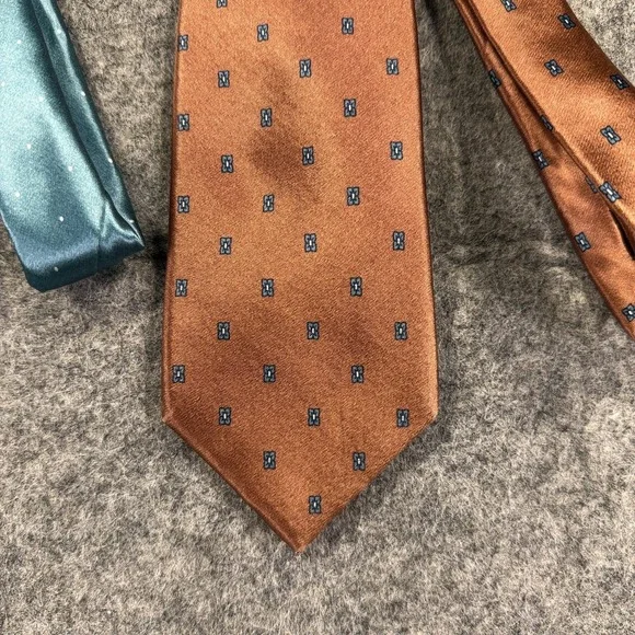 Oscar‎ de la Renta Mens Silk Tie Lot Teal Dot Brown Geometric Neckties - Picture 3 of 9